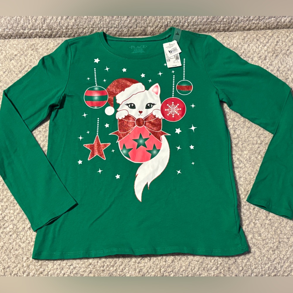 Green Kids Christmas Cat Shirt